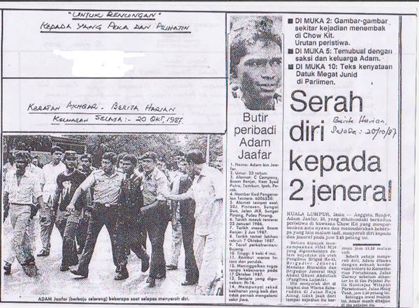 Keratan akhbar mengenai kes amukan Prebet Adam 1987. Imej dari Kedahnews.com