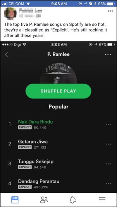 Lagu P. Ramlee dilabel sebagai 'explicit' dalam Spotify 